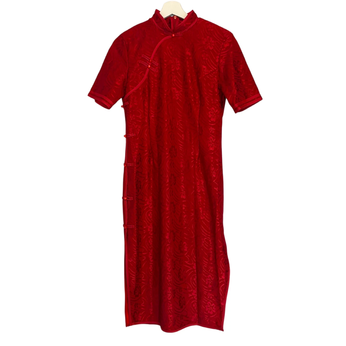 f.e.v. Red Floral Qipao Cheongsam Mandarin Collar Dress Size M