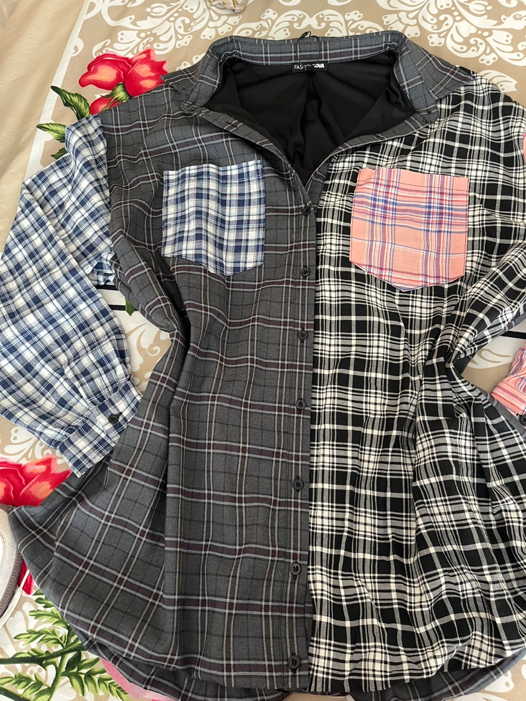 Fashion Nova Plaid Patchwork Shirt Size L