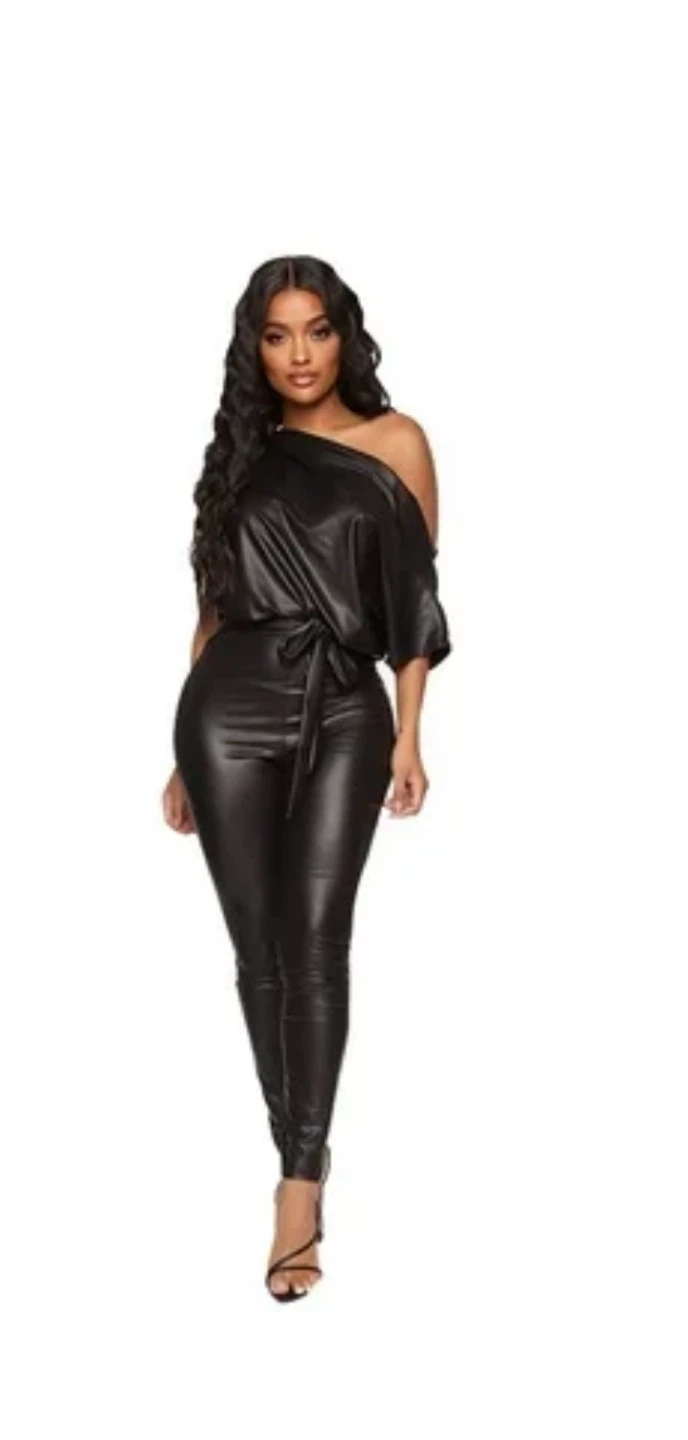 Black Faux Leather Off-the-Shoulder Playsuit - photo 3