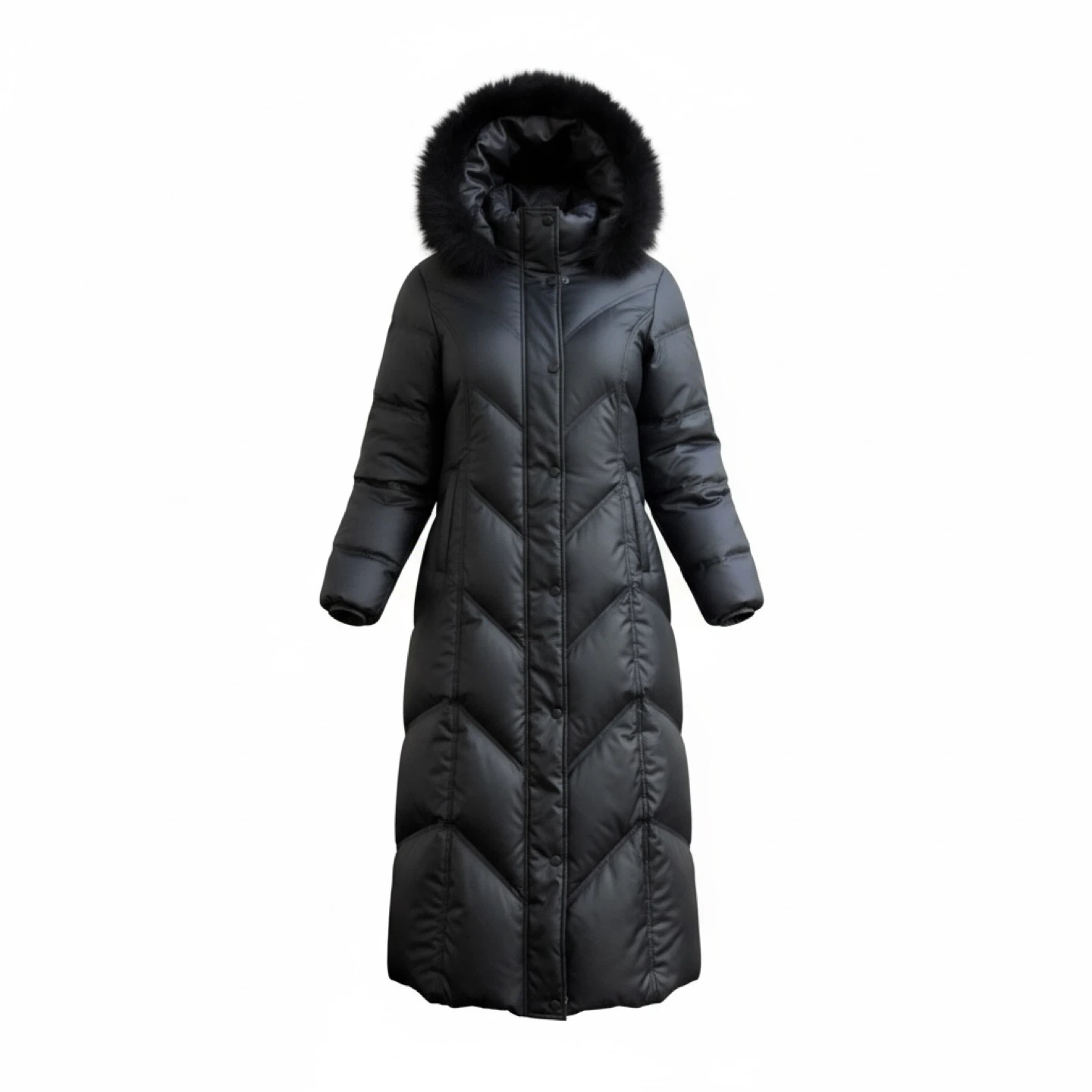 Black Down Puffer Coat with Fur Hood