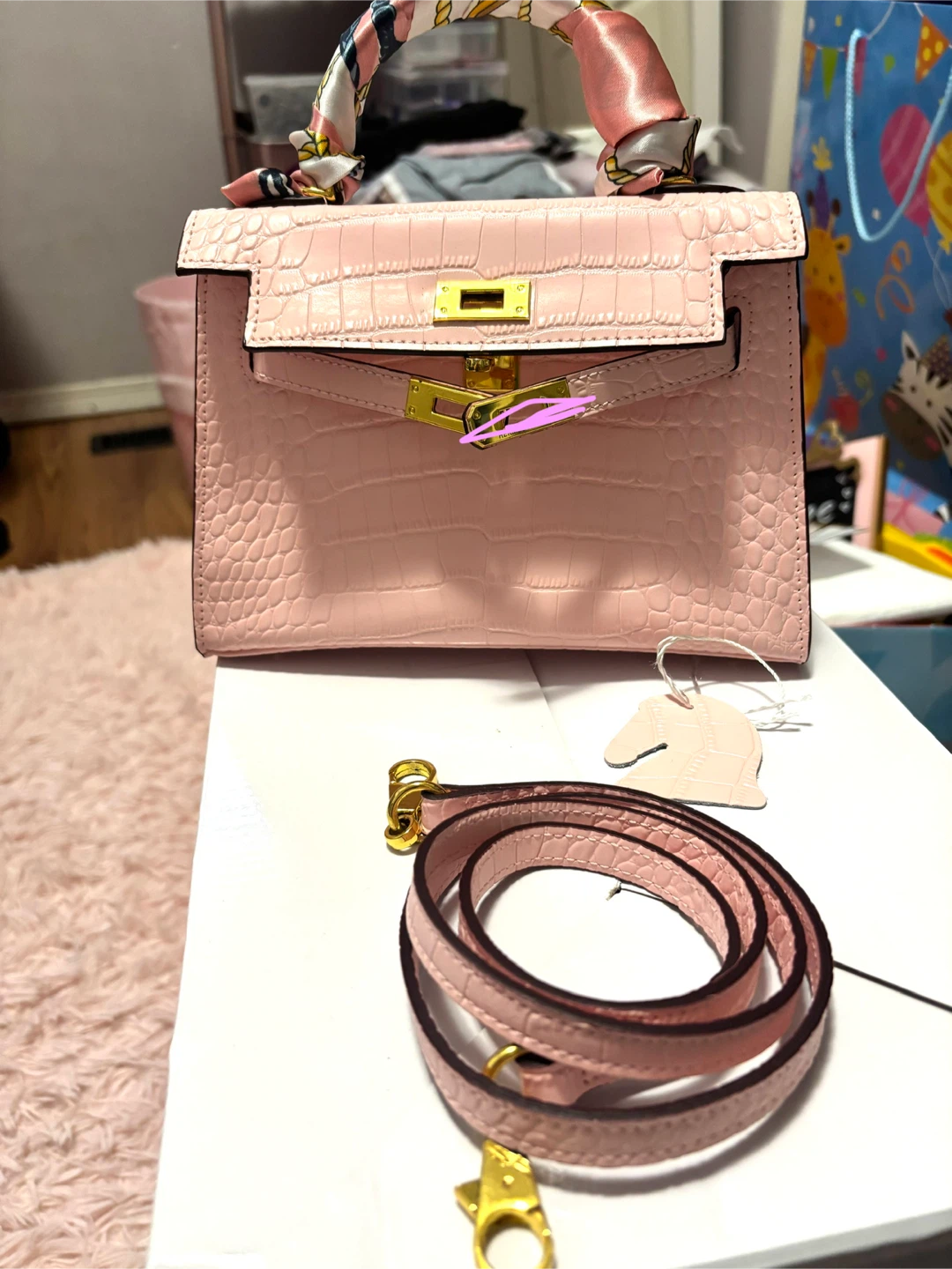 Pink Croc-Embossed Top Handle Bag with Scarf and Strap