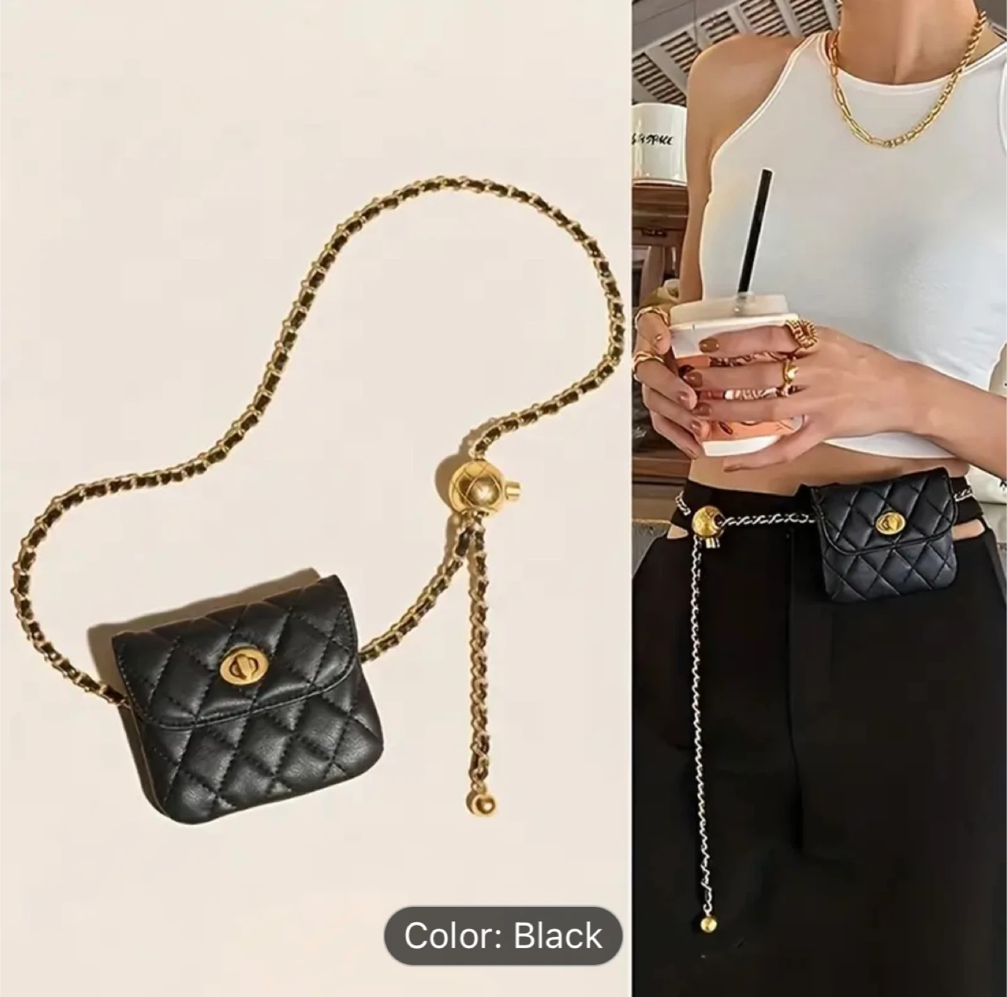 (NEW) Quilted Chain Belt Bag Small Purse - BLACK ONLY