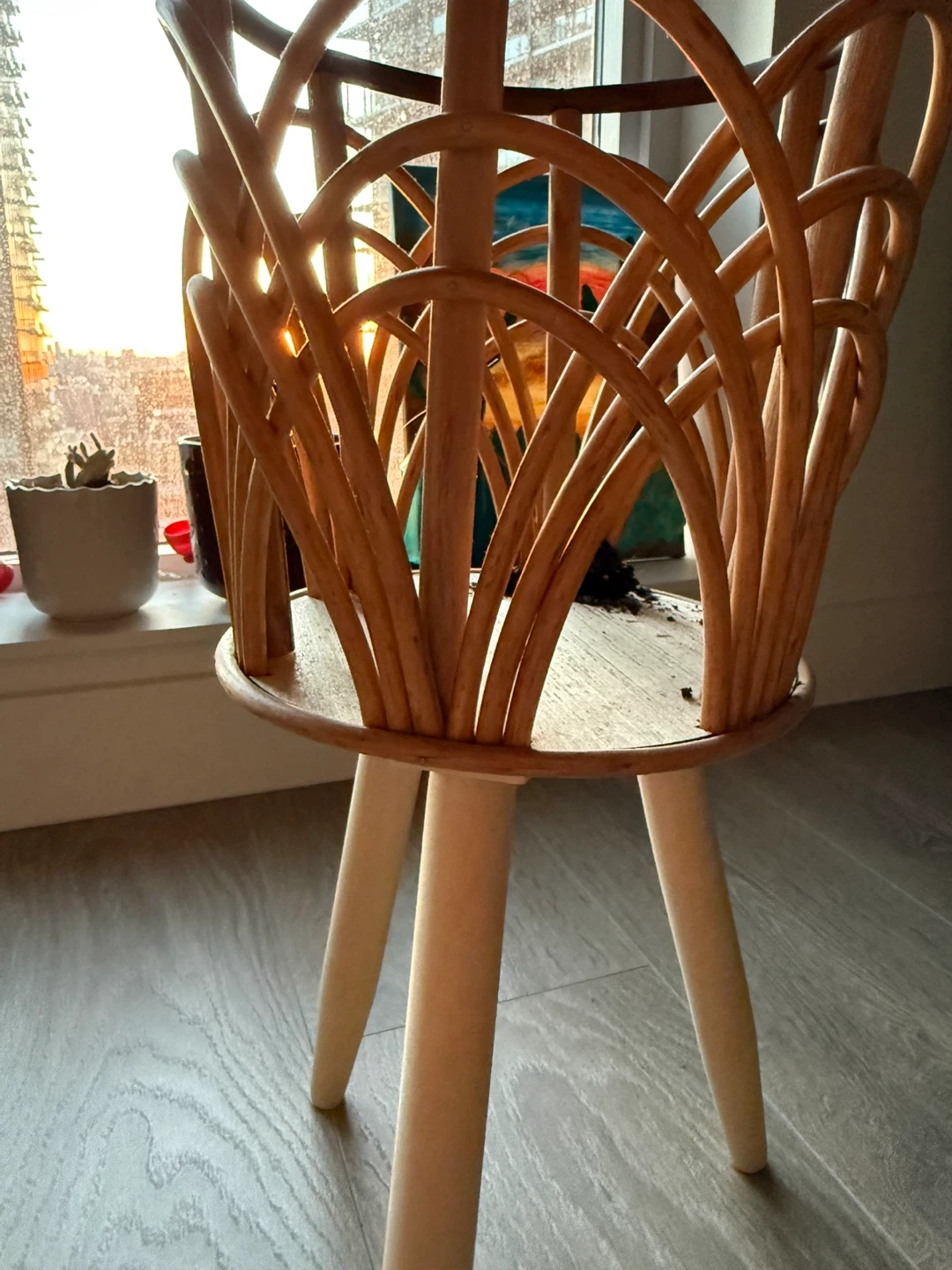 Rattan Plant Stand with Wooden Legs / Wicker Plant Stand