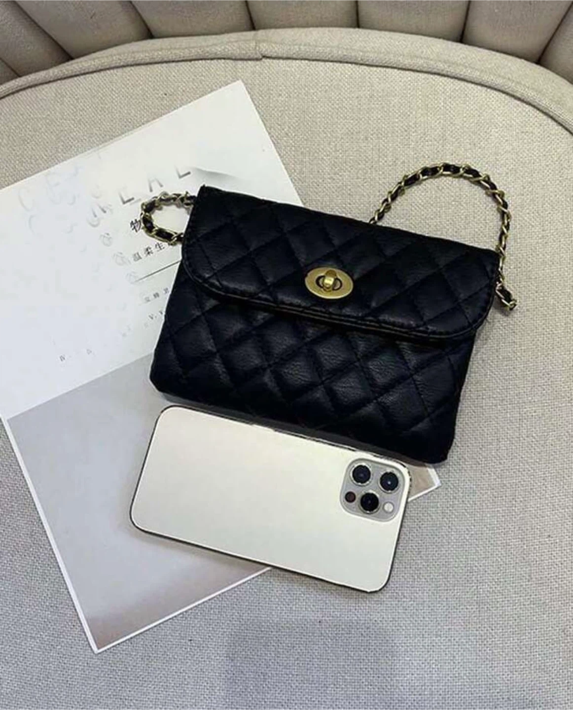 (NEW)Black Quilted Chain Crossbody Bag - adjustable strap - photo 3