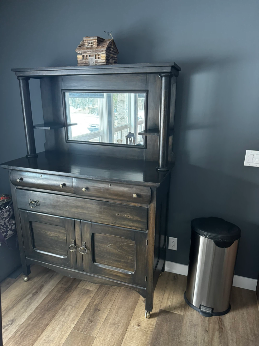 Antique Dark Wood Sideboard with Mirror