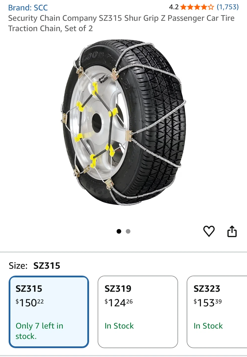 BRAND NEW set of 2 car tire traction chain SCC SZ315 Shur Grip Z