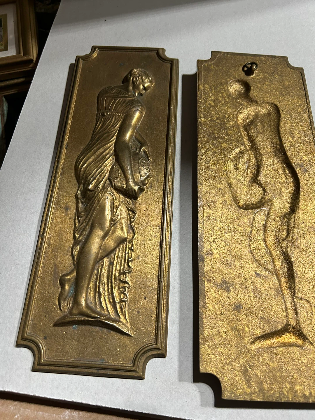 Pair of Antique Embossed Brass Plaques - photo 2