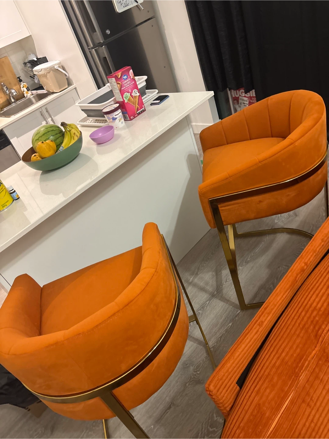 Orange Velvet Bar Stools (Set of 2)