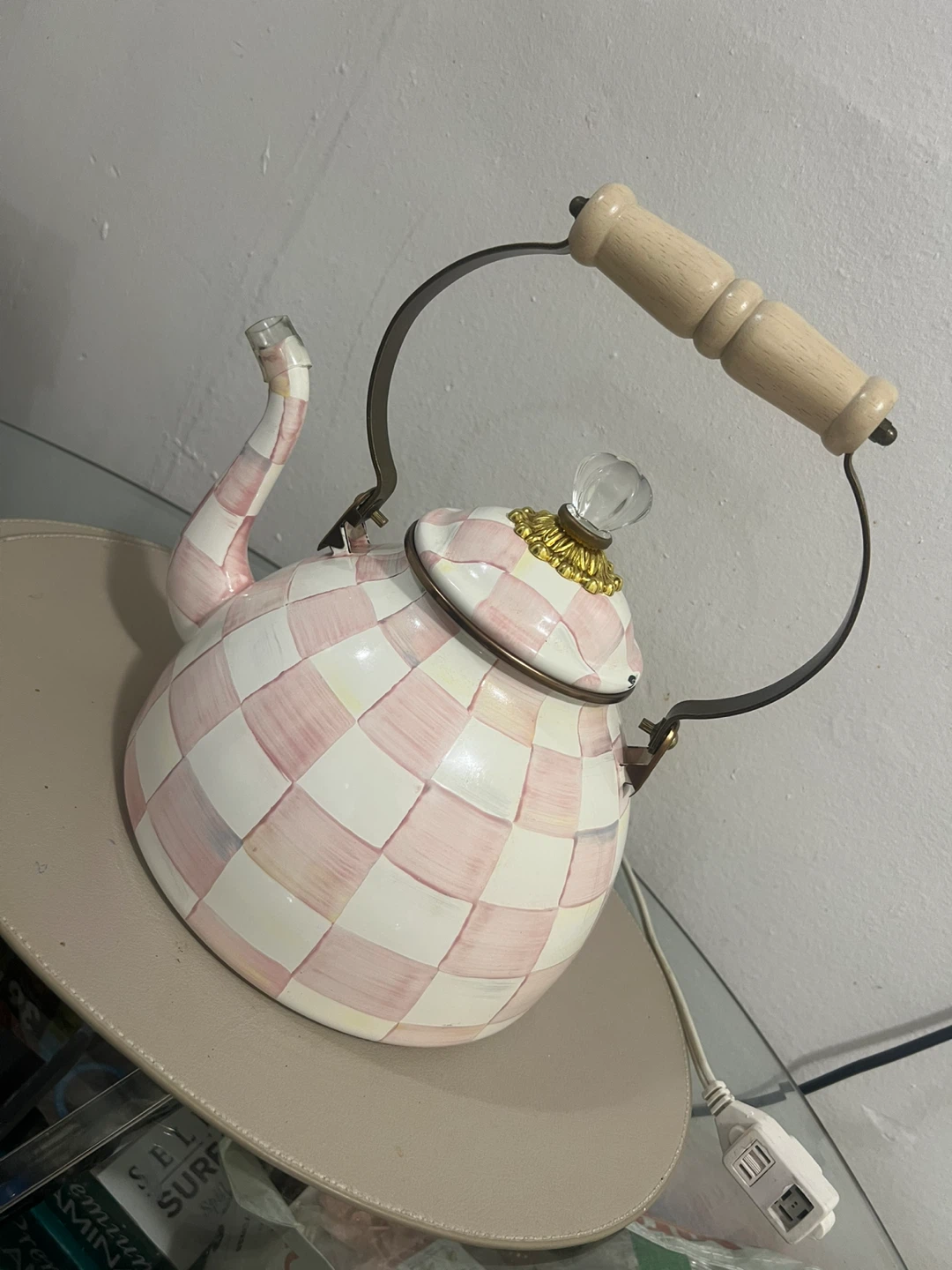 Mackenzie-Childs Pink Check Tea Kettle
