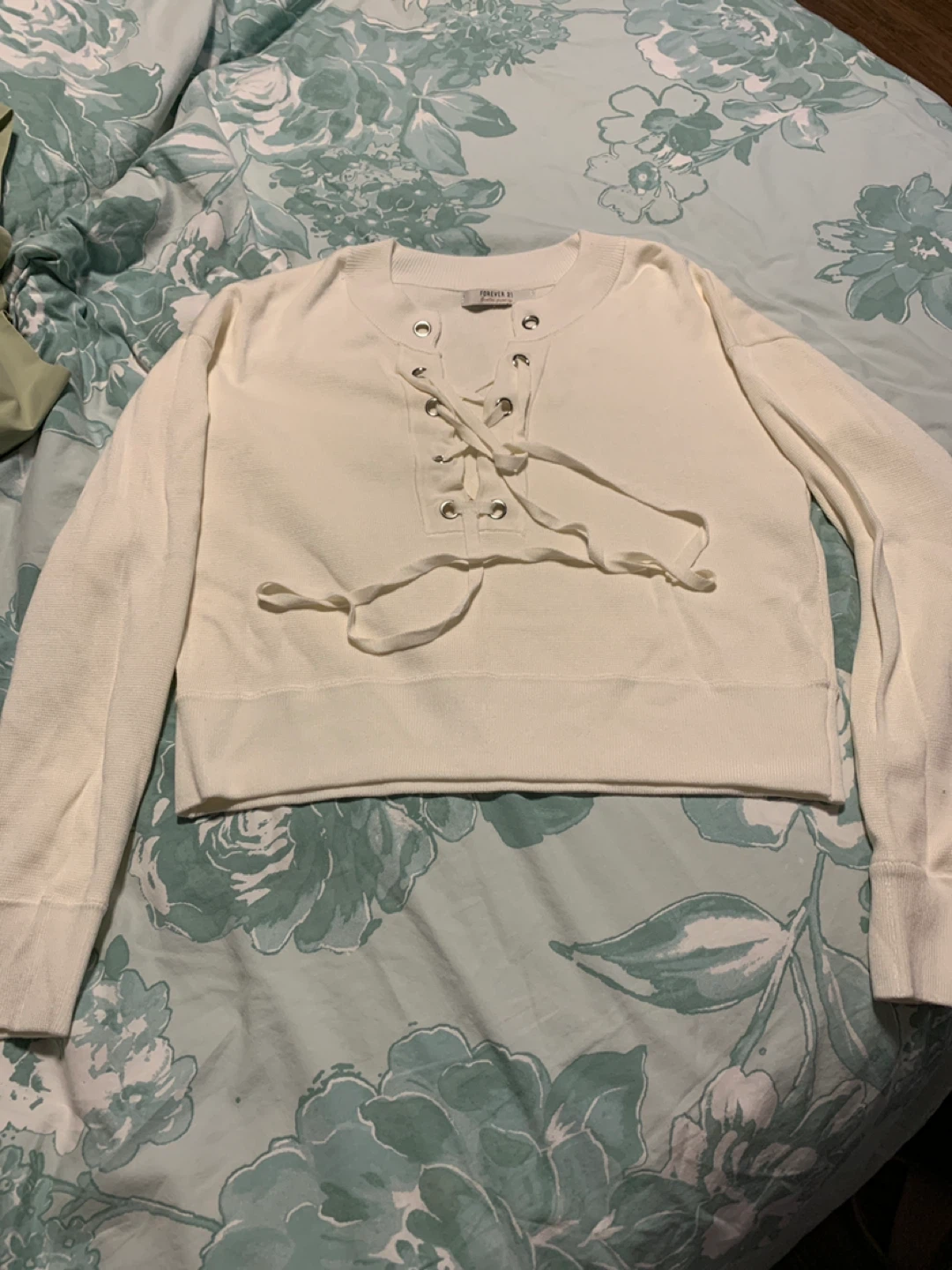 Forever 21 Cream Lace-Up Knit Sweater