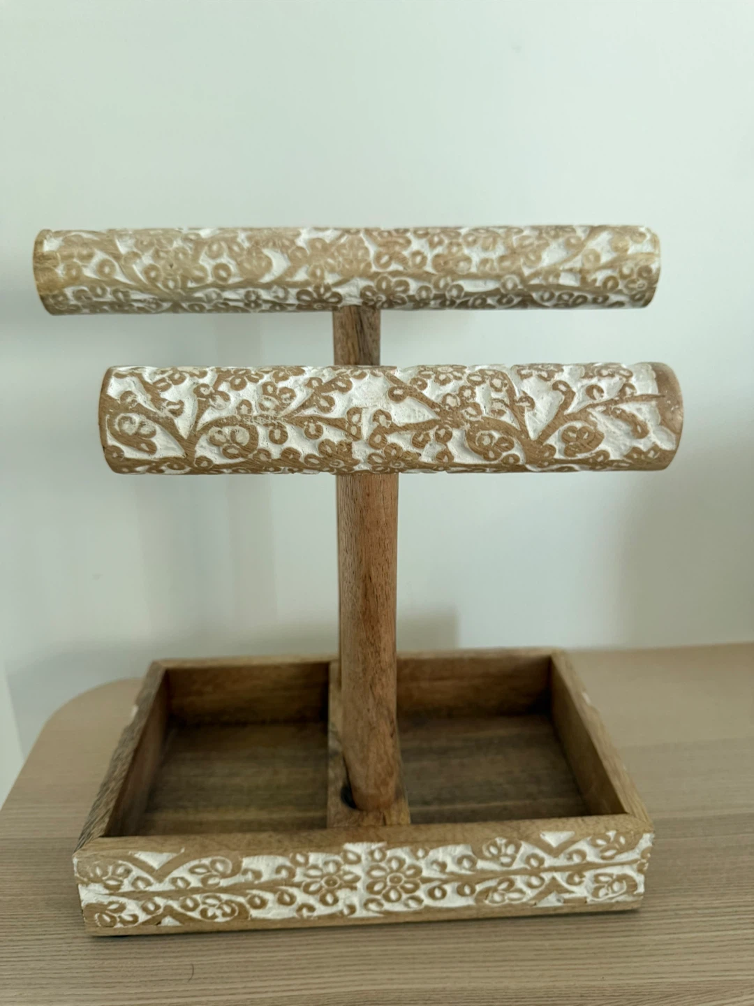 Wooden Bracelet Holder with Carved Design