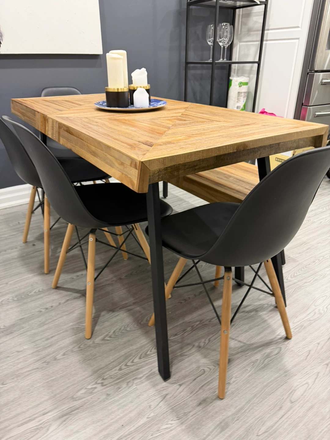 Dining Table with Black Metal Legs + bench + 4 chairs - photo 3