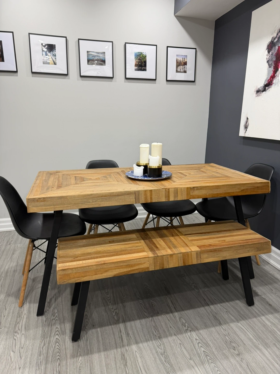 Dining Table with Black Metal Legs + bench + 4 chairs