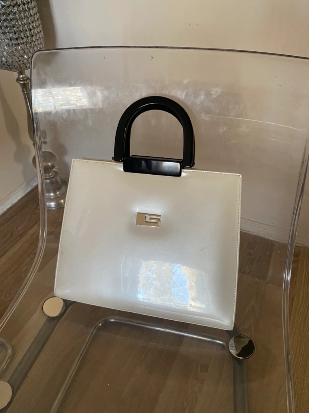 White guess Patent Handbag with Black Handles