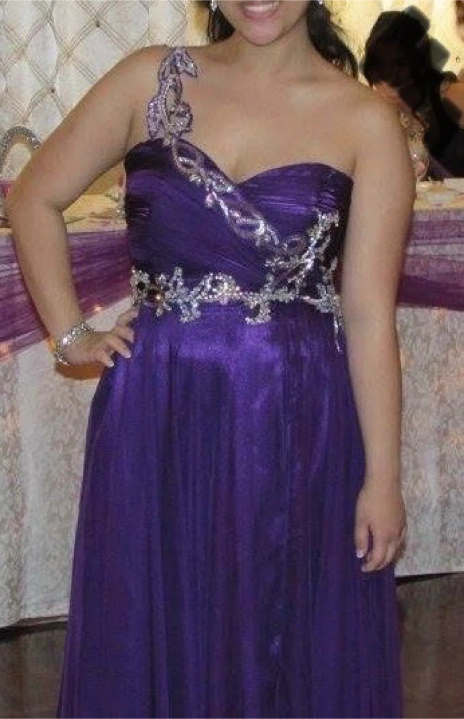 Purple One-Shoulder Beaded Formal Gown