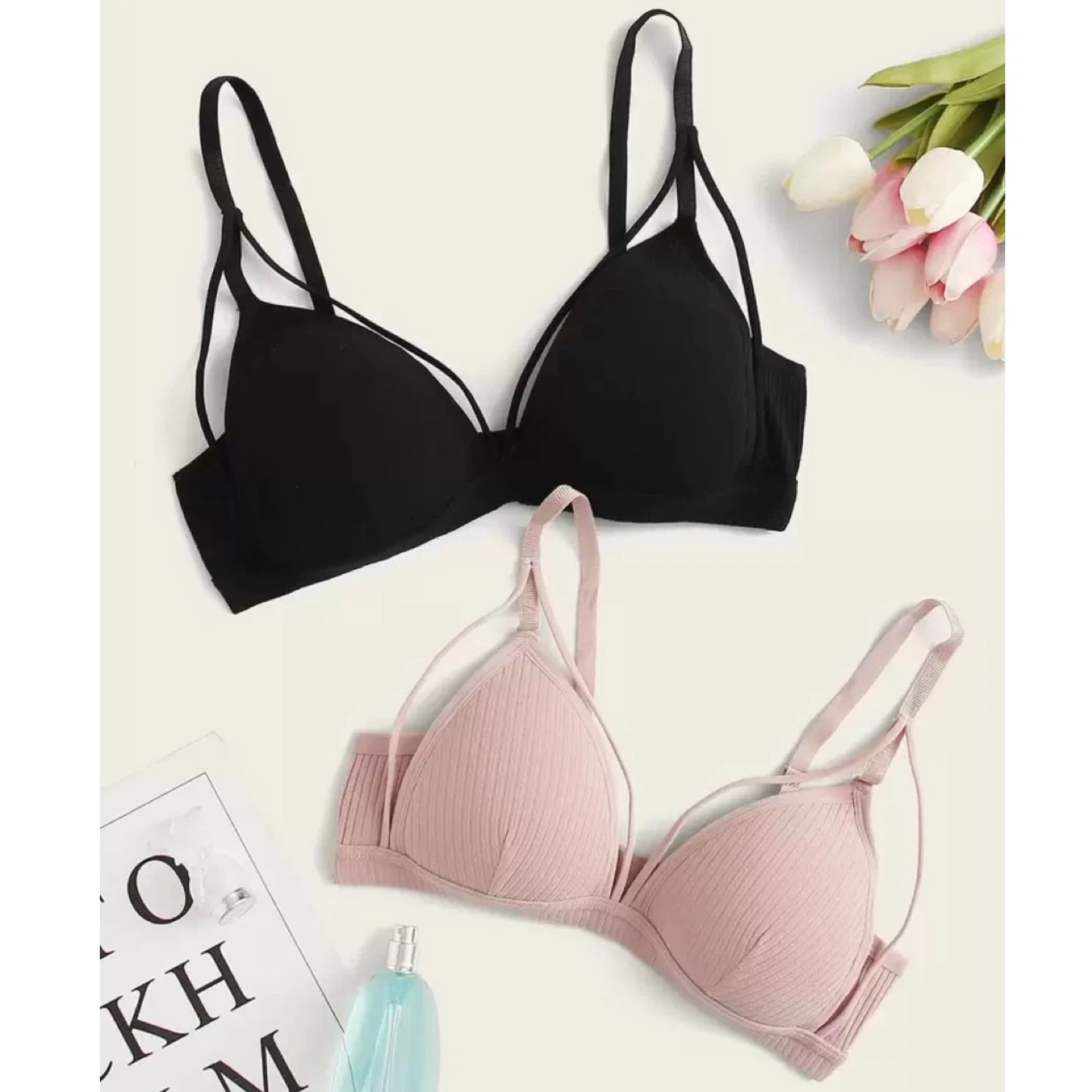 SHEIN Ribbed Harness Bra 2 Pack Black Pink Strappy Bralette Sz L