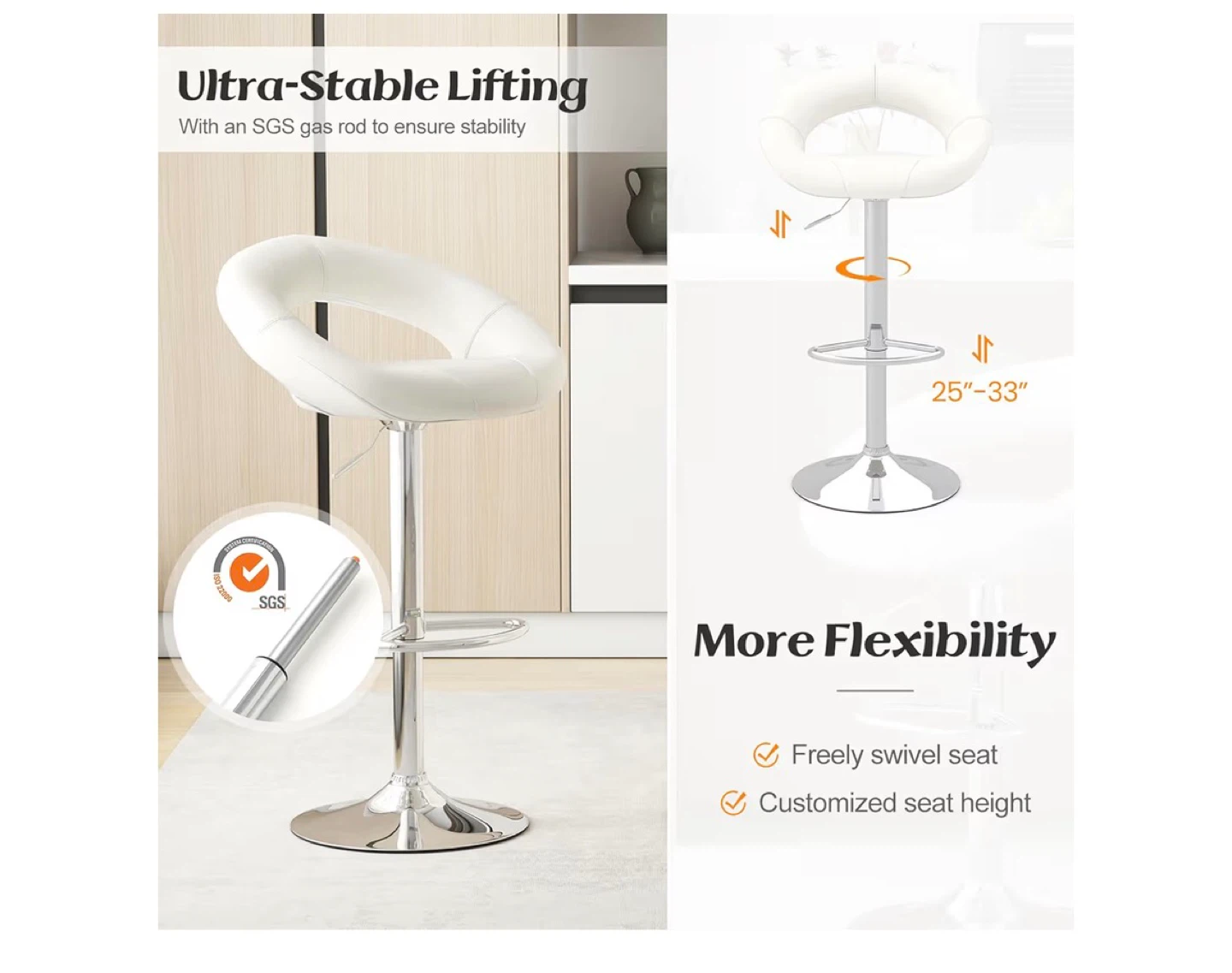 Adjustable White Faux Leather Bar Stool with Chrome Base - photo 5