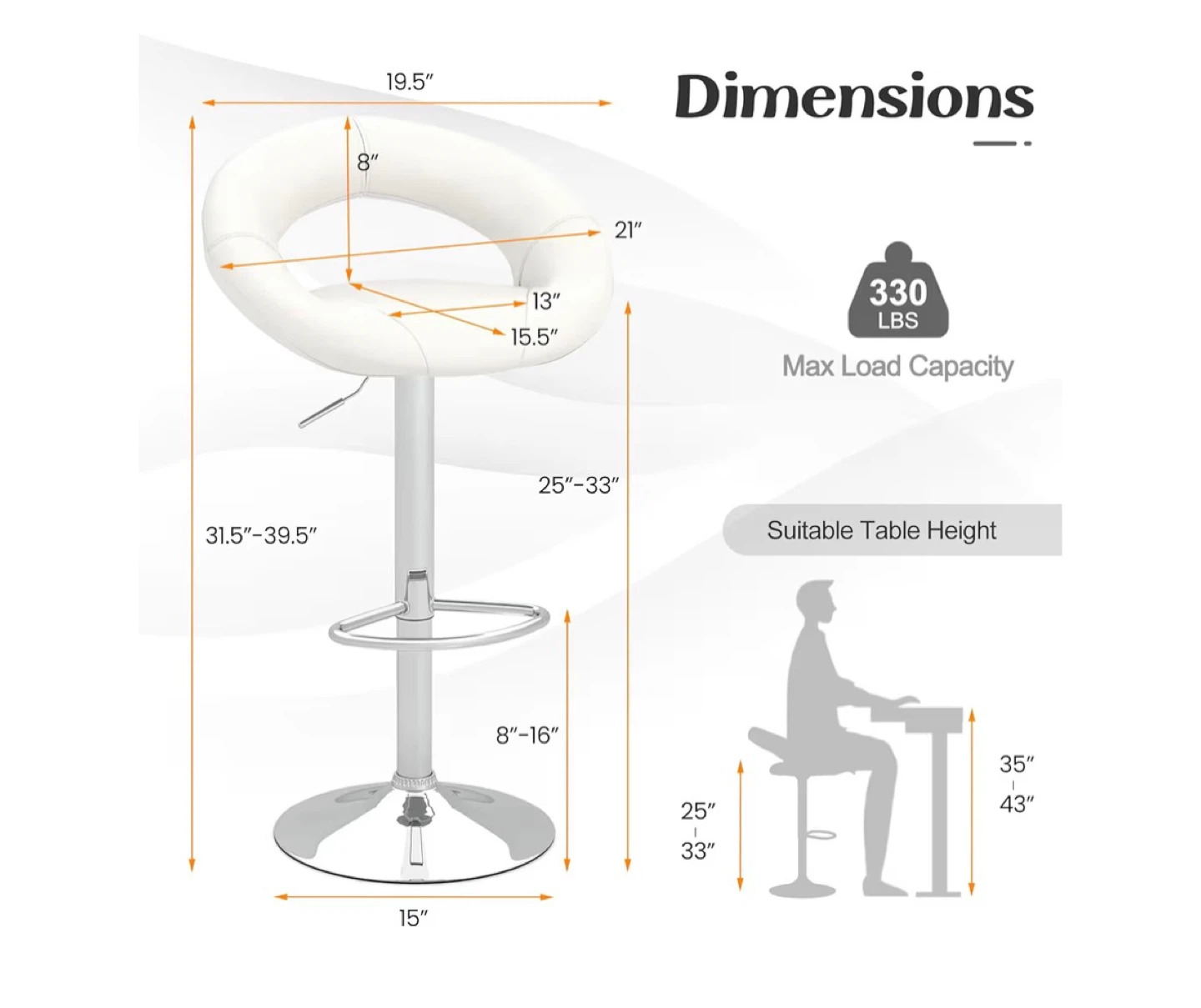 Adjustable White Faux Leather Bar Stool with Chrome Base - photo 4