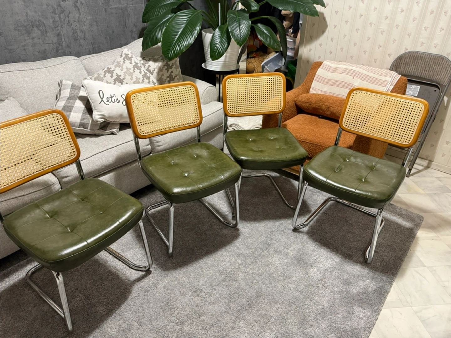 Set of 4 Vintage Cane Back Dining Chairs - Green Faux Leather