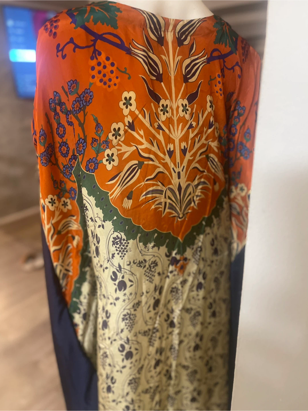 Orange Floral Print silk Kaftan with Navy Sleeves - photo 4