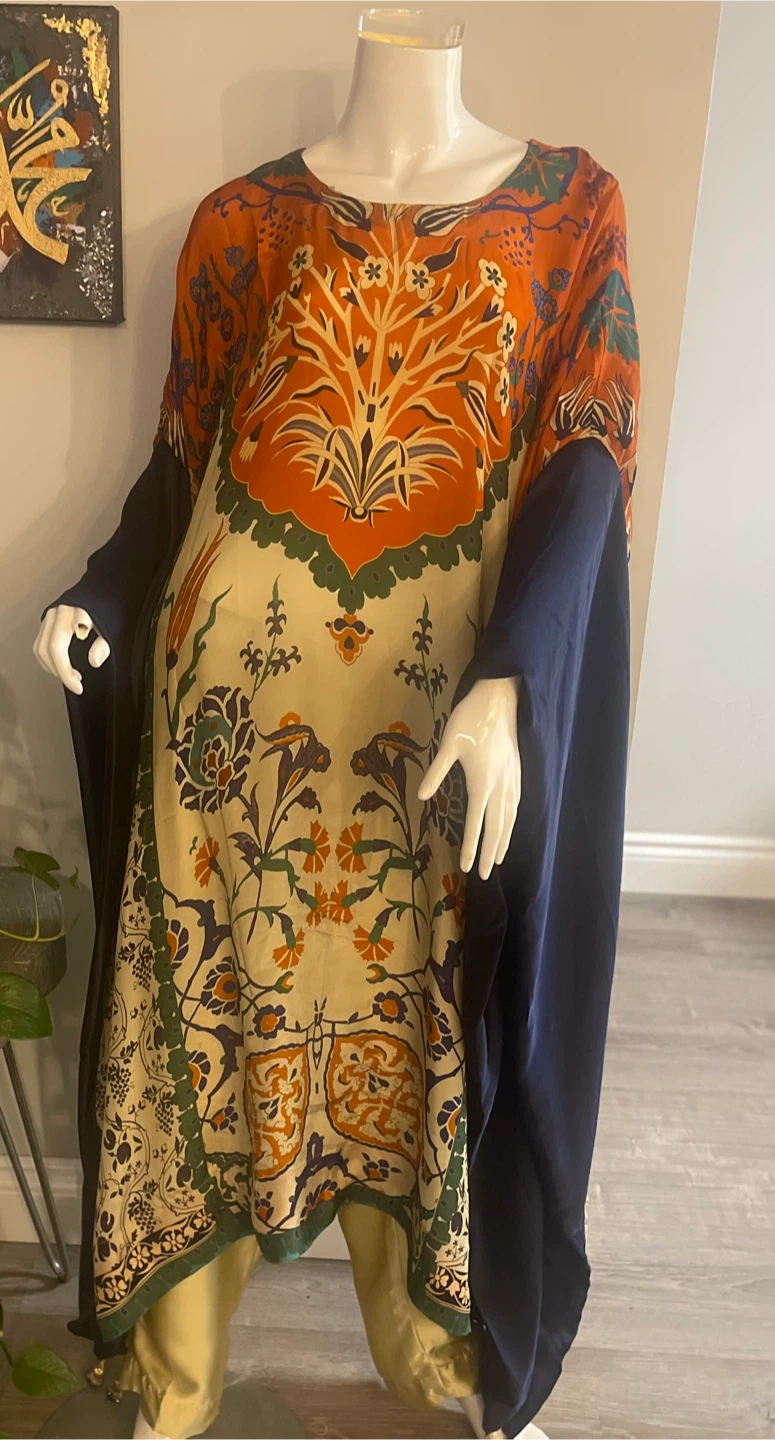 Orange Floral Print silk Kaftan with Navy Sleeves