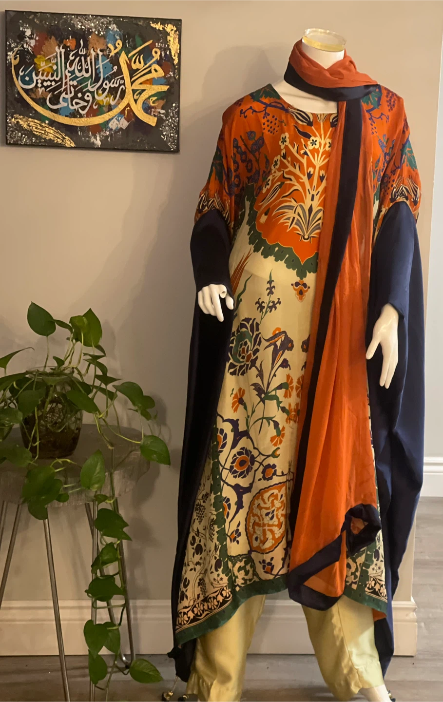 Orange Floral Print silk Kaftan with Navy Sleeves - photo 2