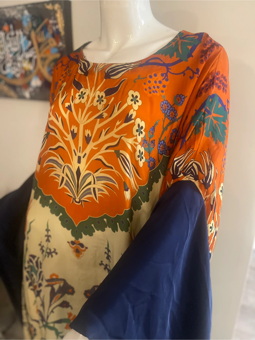 Orange Floral Print silk Kaftan with Navy Sleeves - photo 3