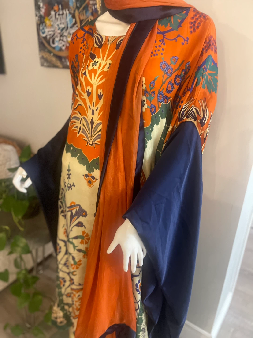 Orange Floral Print silk Kaftan with Navy Sleeves - photo 5