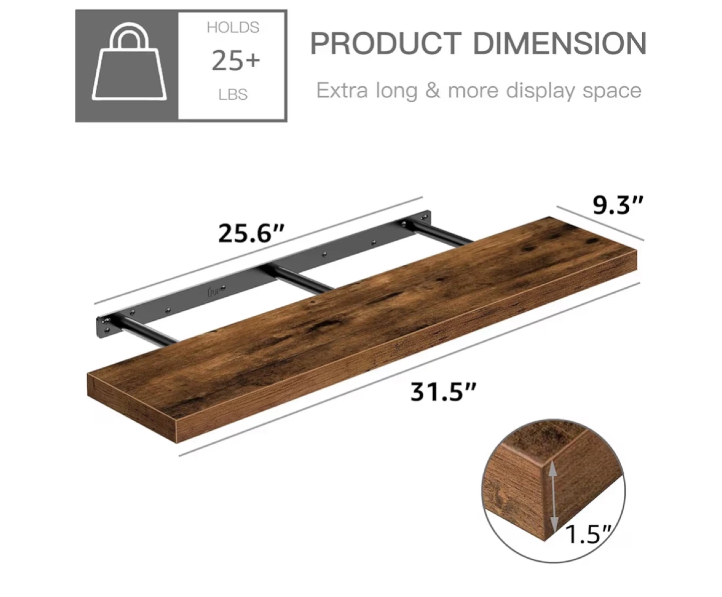 Floating Shelf - Rustic Wood, 31.5" Long - photo 4