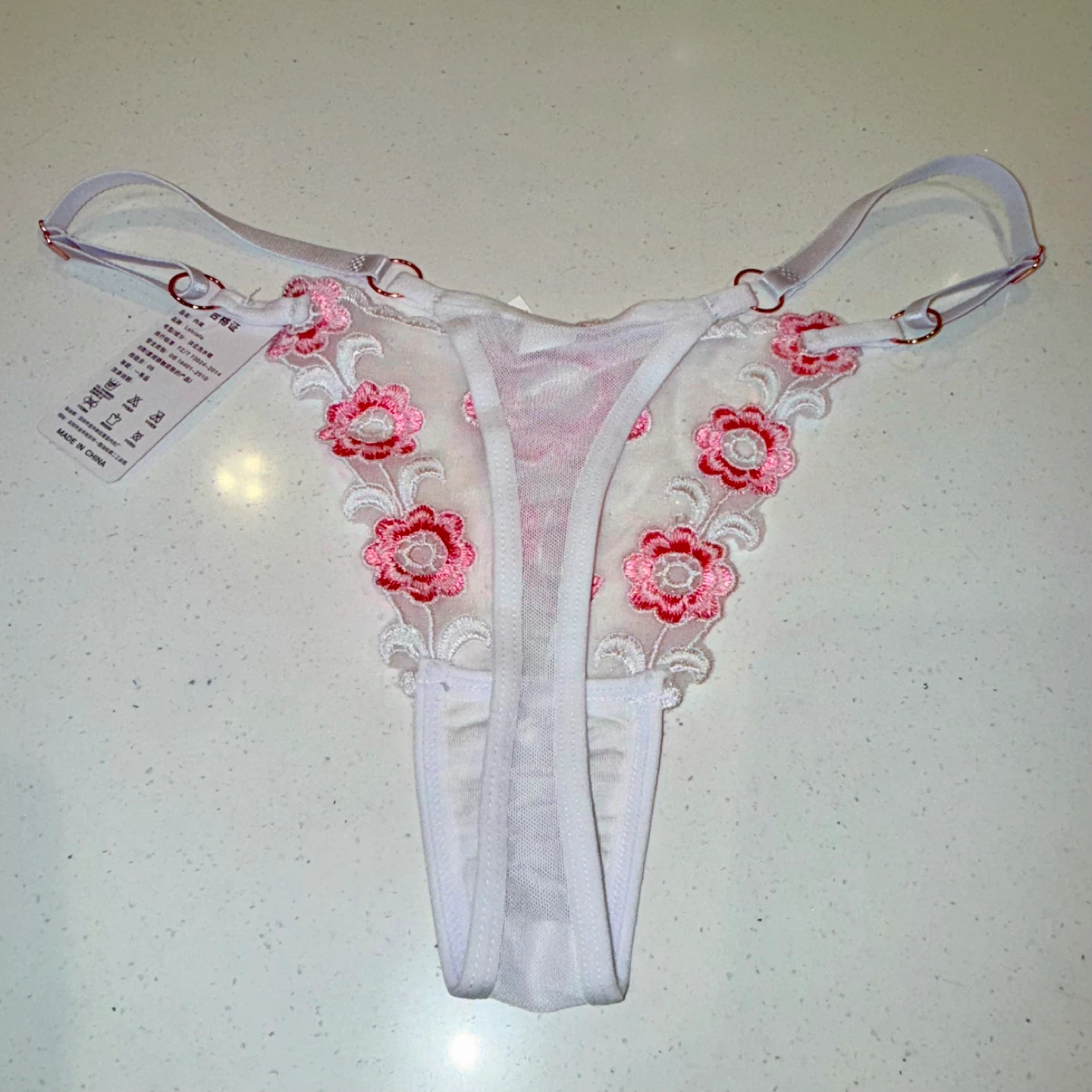 NEW Embroidered Mesh Floral Thong - Medium - photo 5
