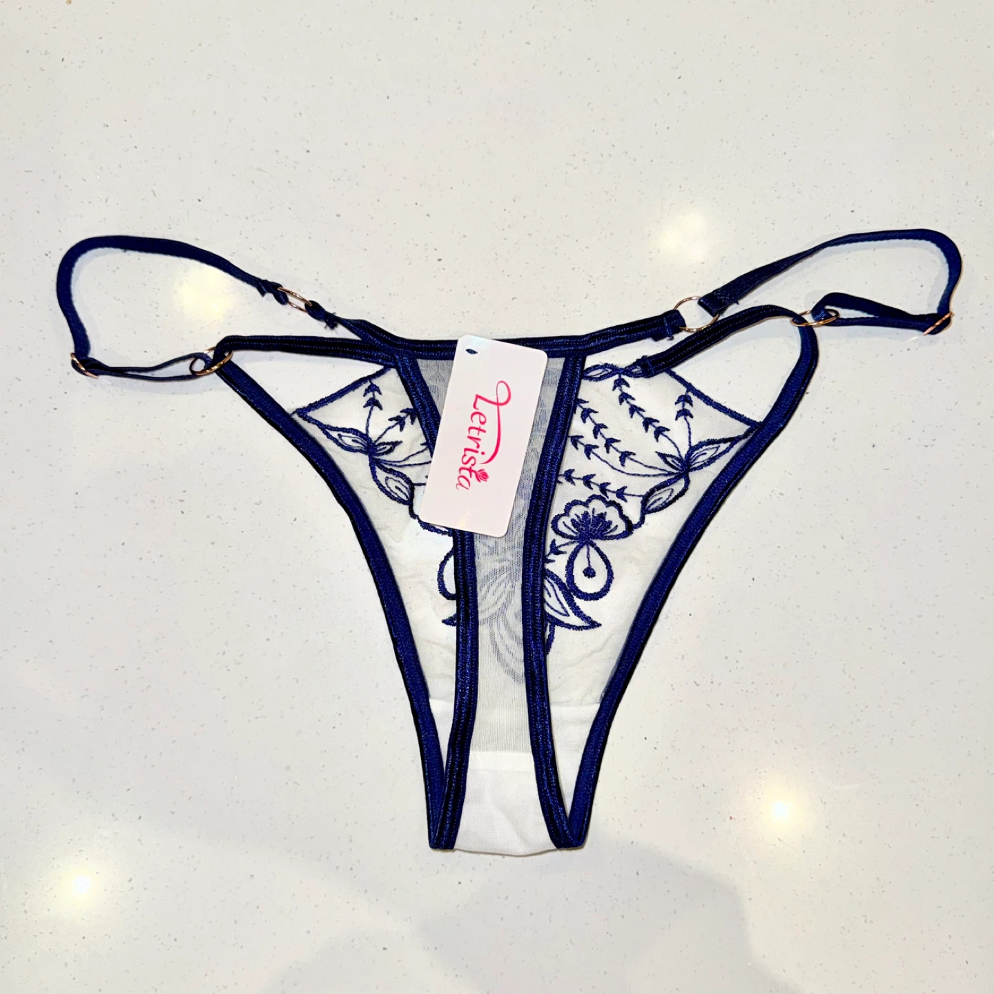 NEW Embroidered Sheer Mesh Thong - Medium - photo 5