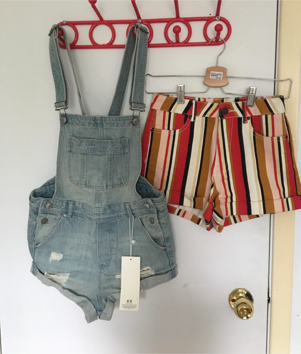 Denim Overalls and Striped Shorts