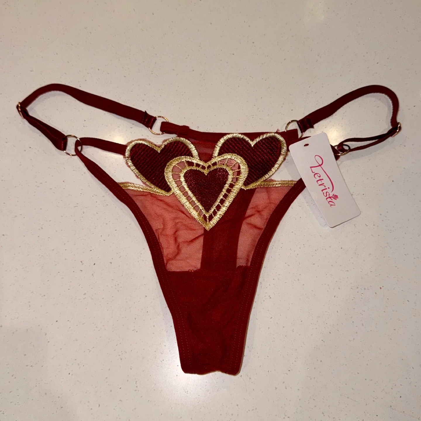 NEW Mesh Embroidered Heart Design Thong - Medium - photo 4
