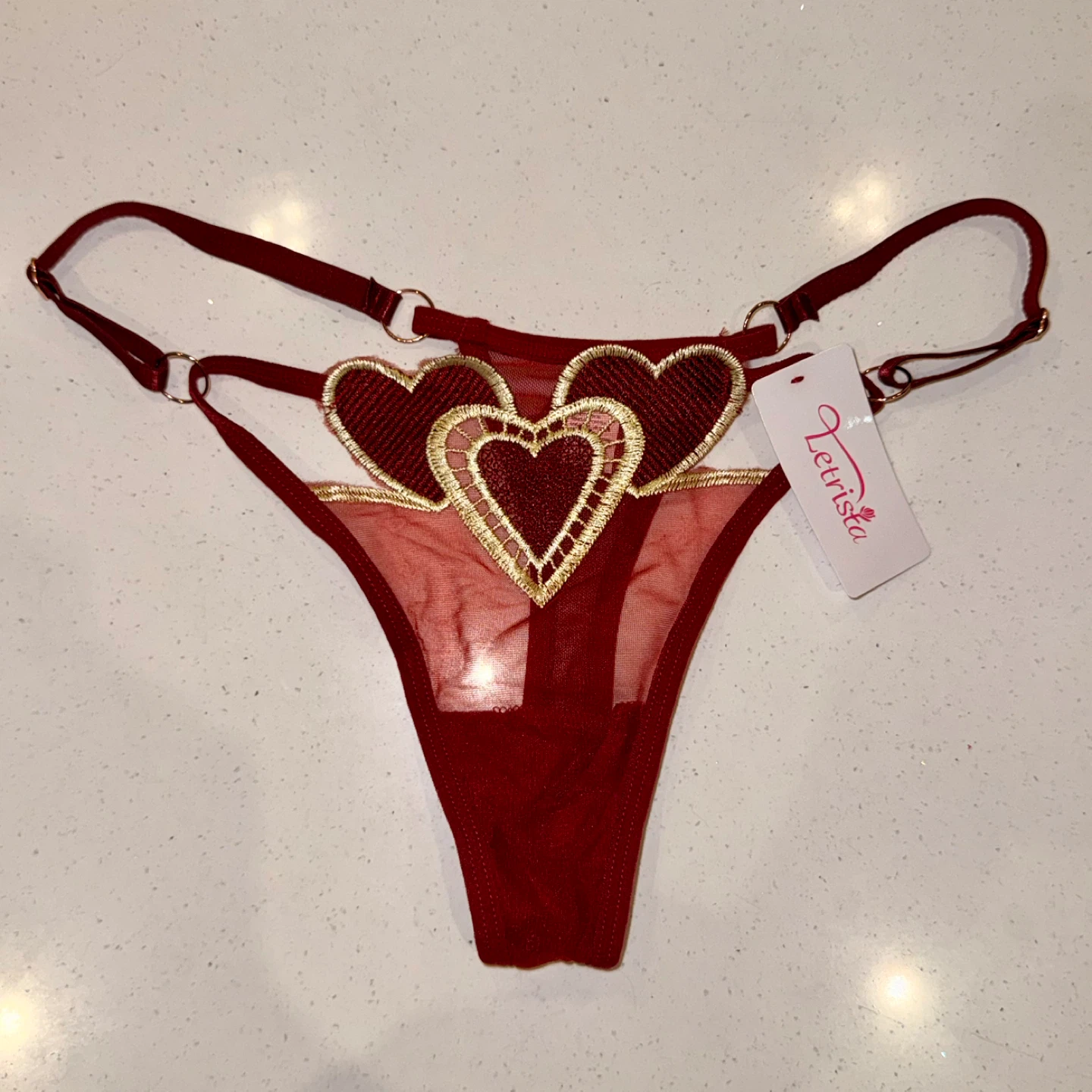 NEW Mesh Embroidered Heart Design Thong - Medium - photo 2