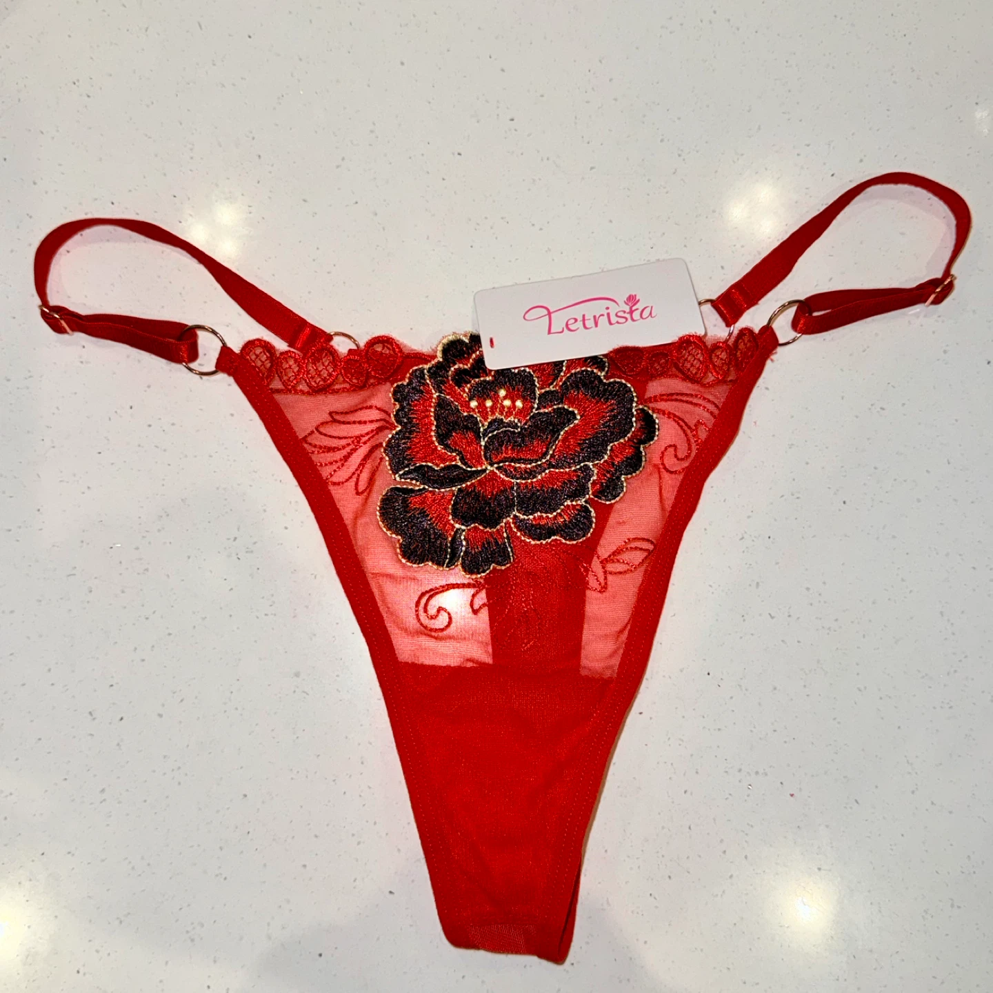 NEW Mesh Embroidered Red Thong - Medium - photo 2
