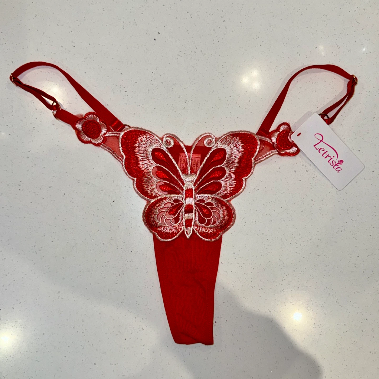 NEW Sheer Mesh Embroidered Red Rose Thong - Medium - photo 2
