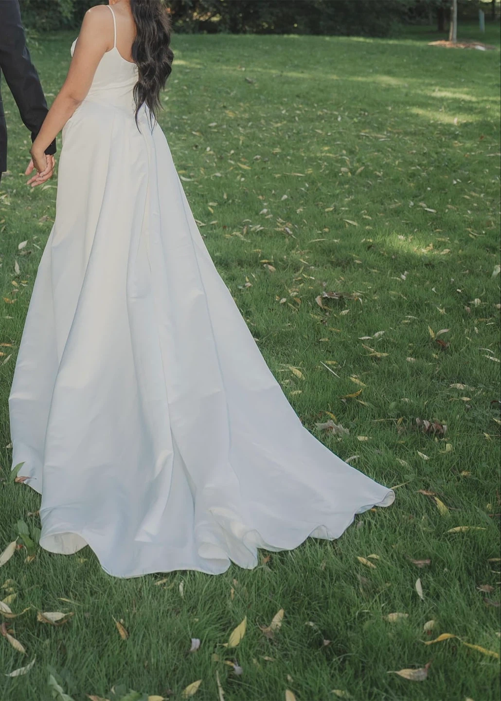 White Satin Spaghetti Strap Ballgown Wedding Dress - photo 4