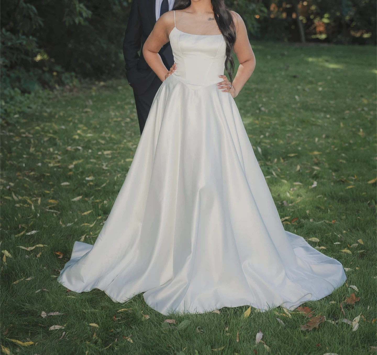 White Satin Spaghetti Strap Ballgown Wedding Dress - photo 2