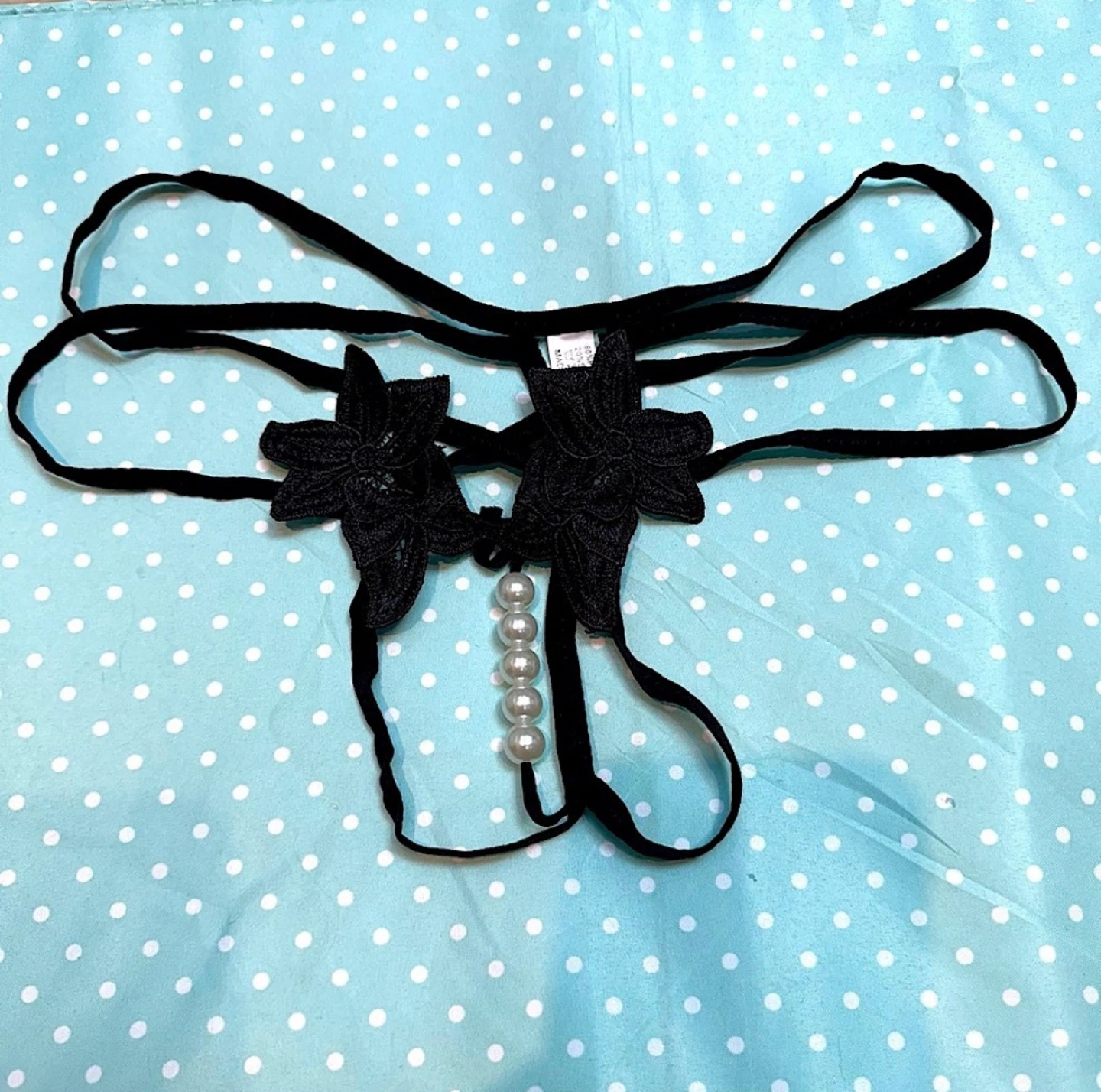 NEW Strappy Embroidered Crotchless Thong With Pearls -