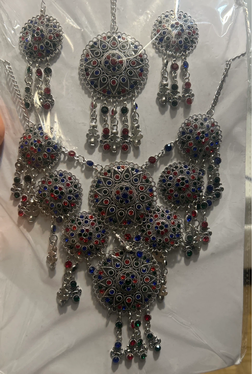 Statement Necklace and Earring  Red, Blue, and Green Stones