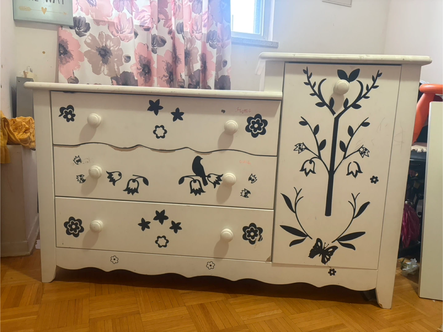 White Dresser with Black Decals