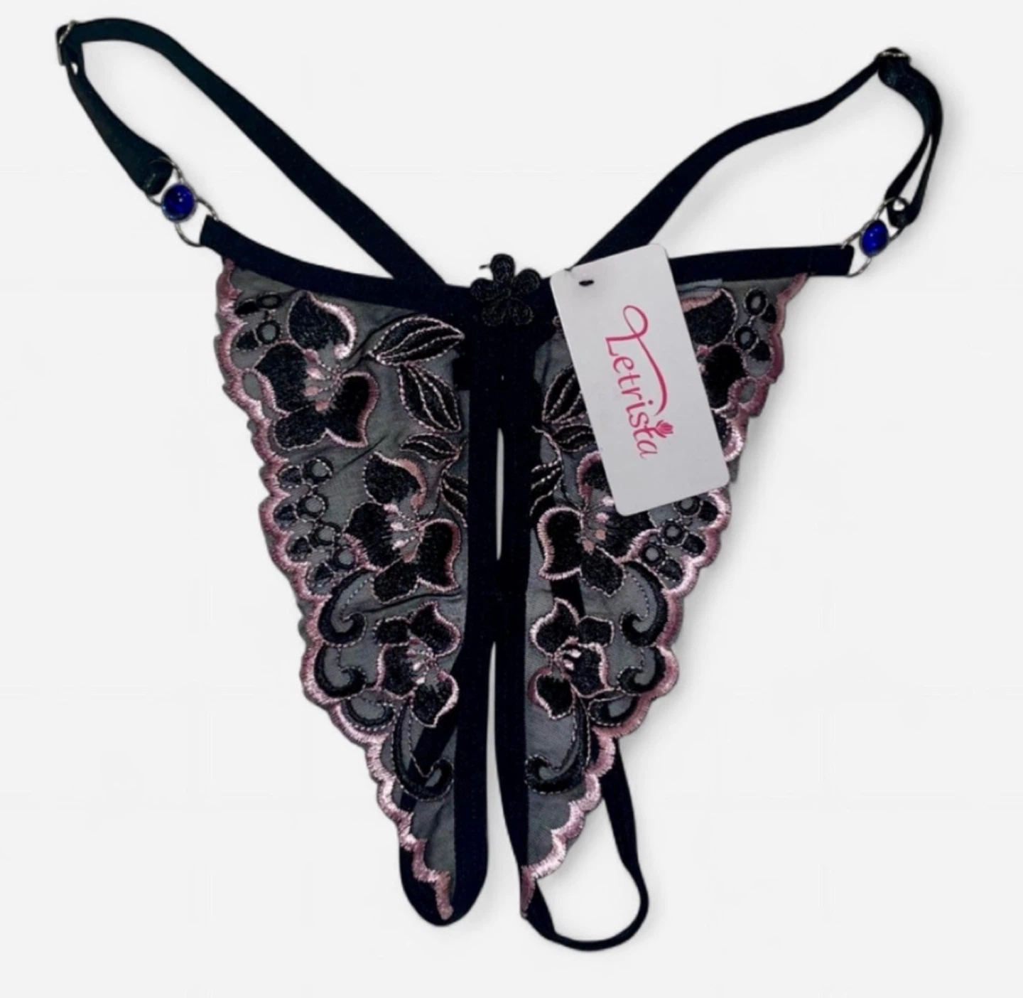 BNWT Sheer Mesh Embroidered Black & Pink Floral Crotchless Thong - photo 3