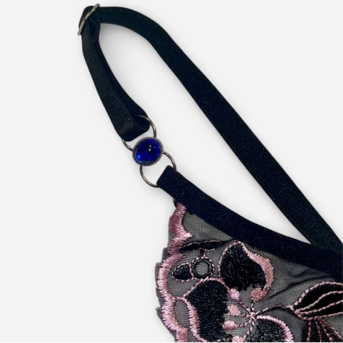BNWT Sheer Mesh Embroidered Black & Pink Floral Crotchless Thong - photo 2