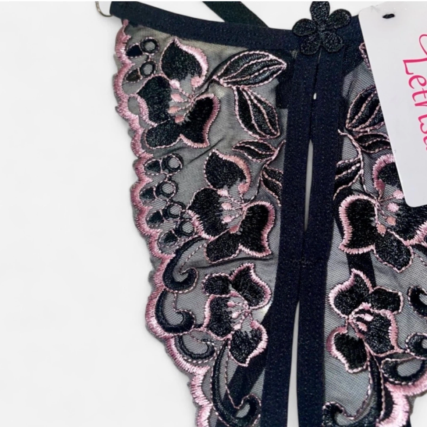 BNWT Sheer Mesh Embroidered Black & Pink Floral Crotchless Thong - photo 4