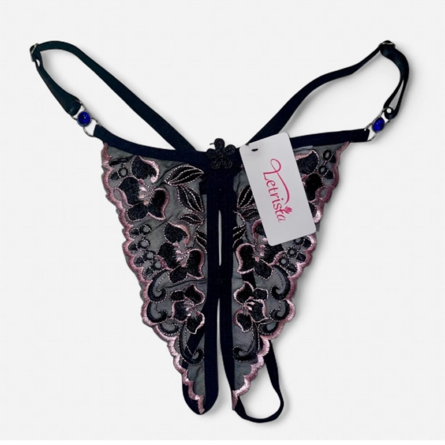 BNWT Sheer Mesh Embroidered Black & Pink Floral Crotchless Thong