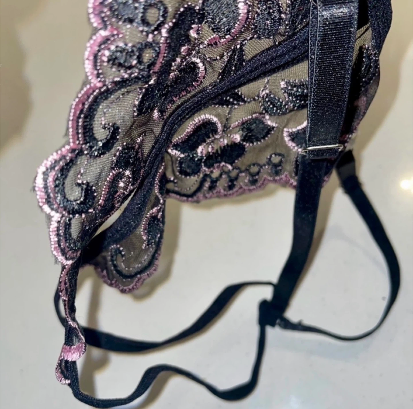 BNWT Sheer Mesh Embroidered Black & Pink Floral Crotchless Thong - photo 5
