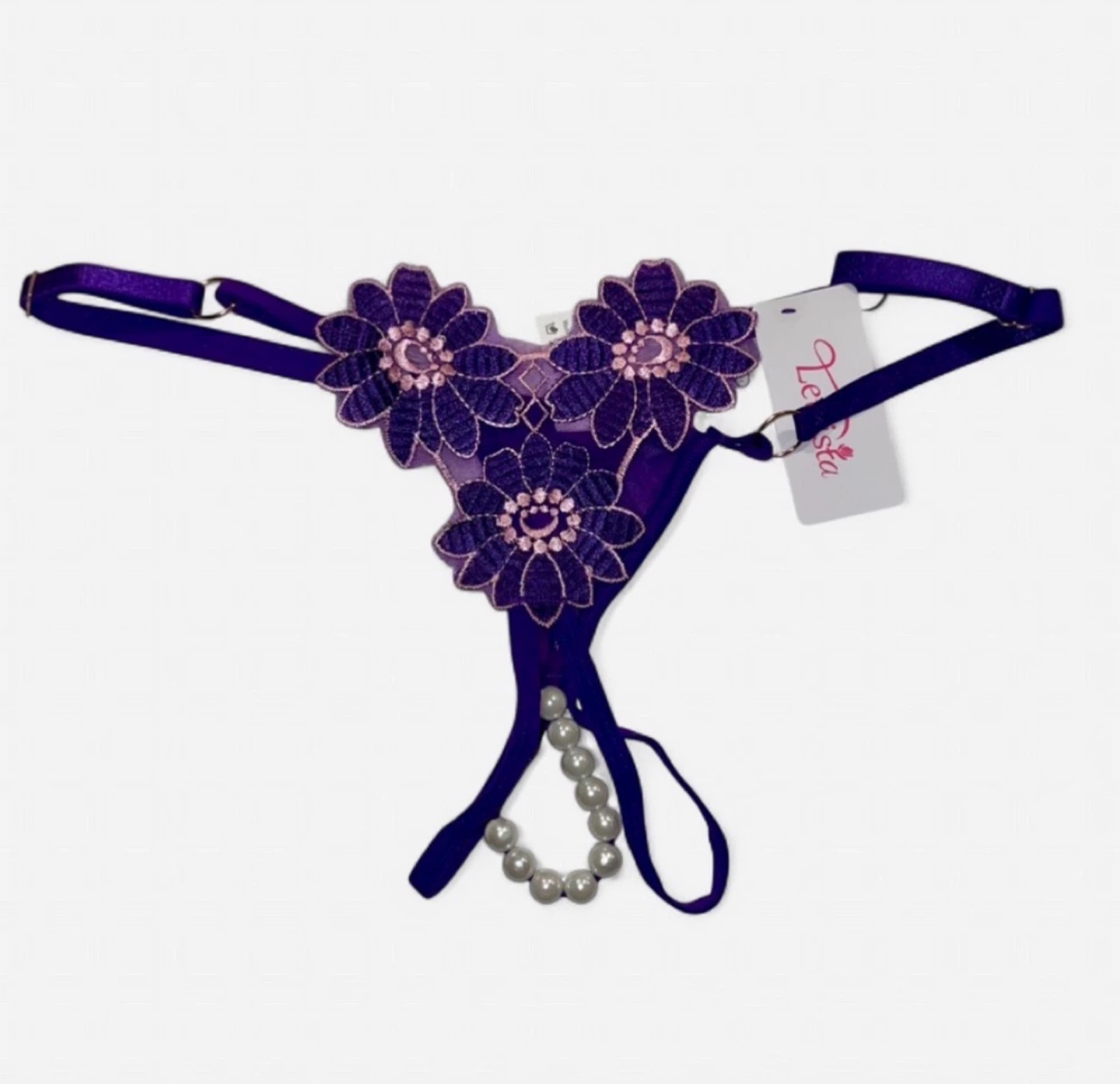 NEW Flower Embroidered Crotchless Thong With Pearls - photo 4