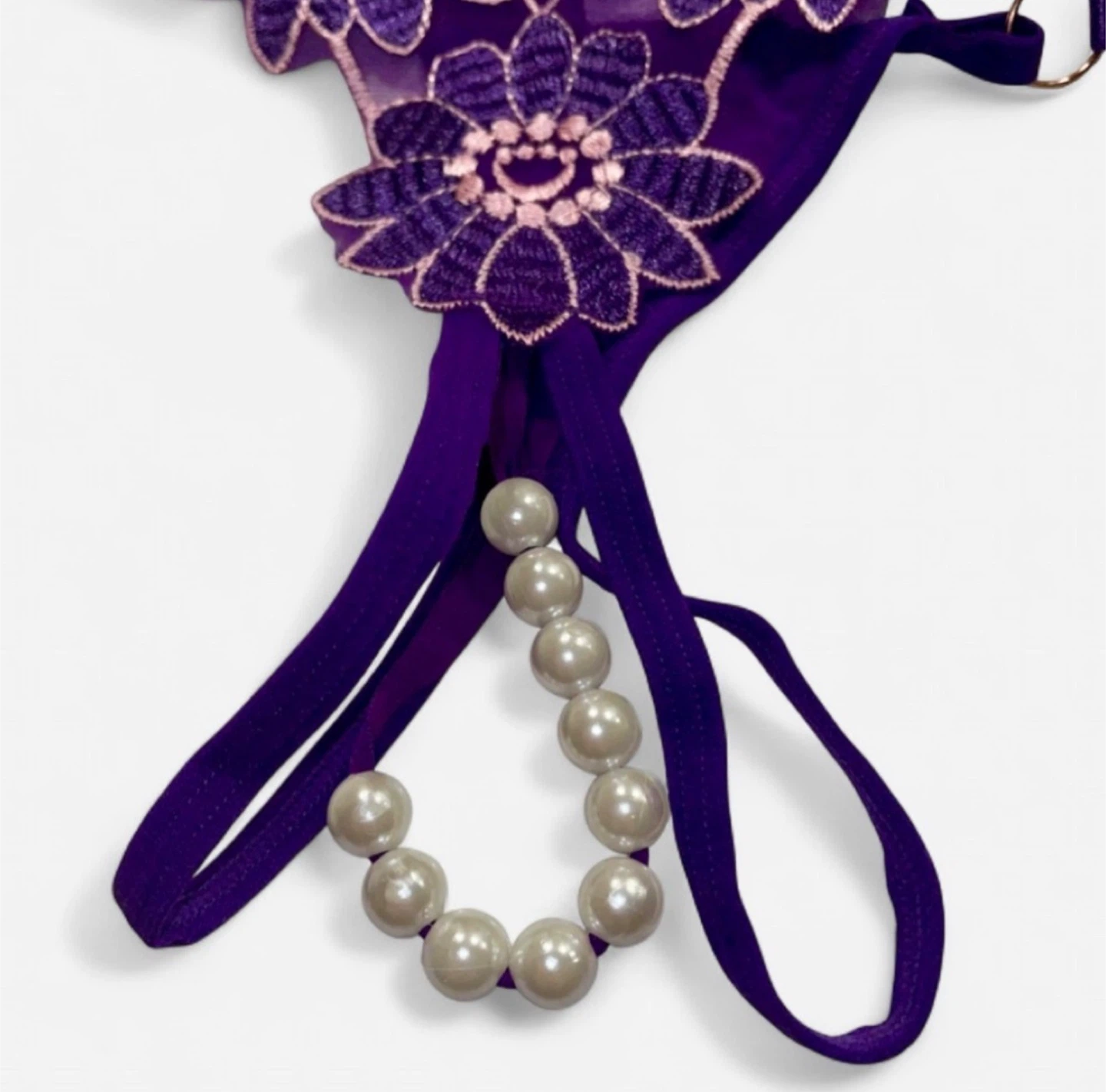 NEW Flower Embroidered Crotchless Thong With Pearls - photo 3
