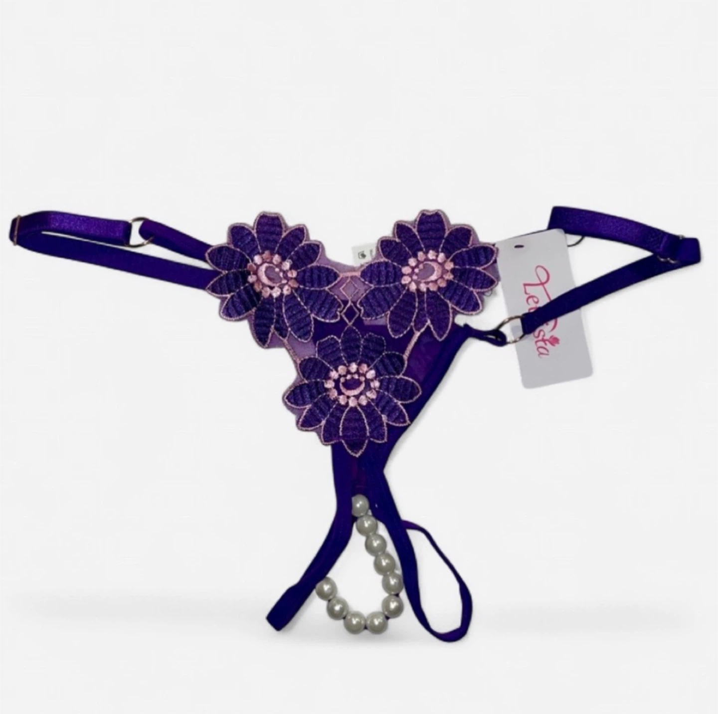 NEW Flower Embroidered Crotchless Thong With Pearls