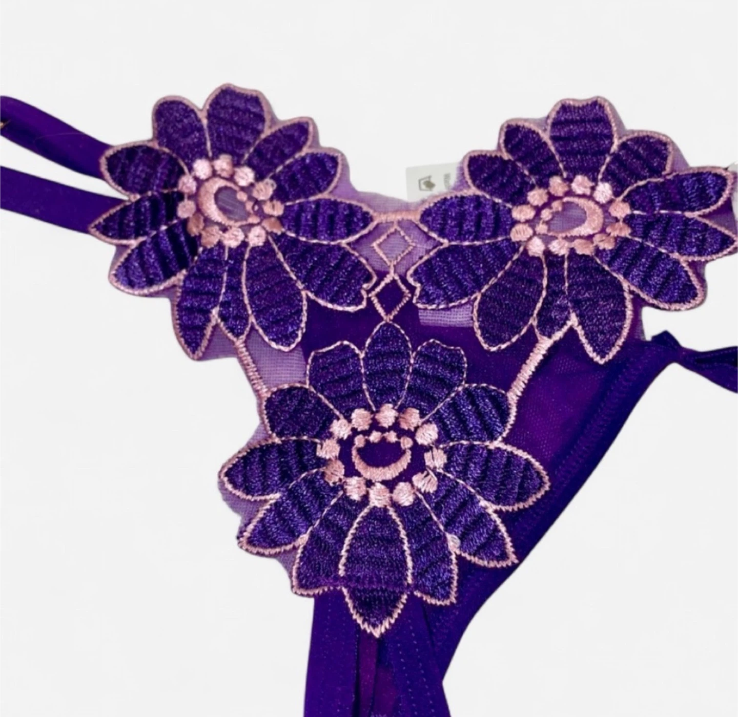 NEW Flower Embroidered Crotchless Thong With Pearls - photo 2
